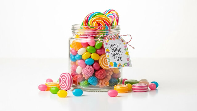 Glass jar filled with colorful assorted candies lollipops and a tag reading Happy Mind Happy Life tied with twine isolated on transparent background for bright festive celebration party decor