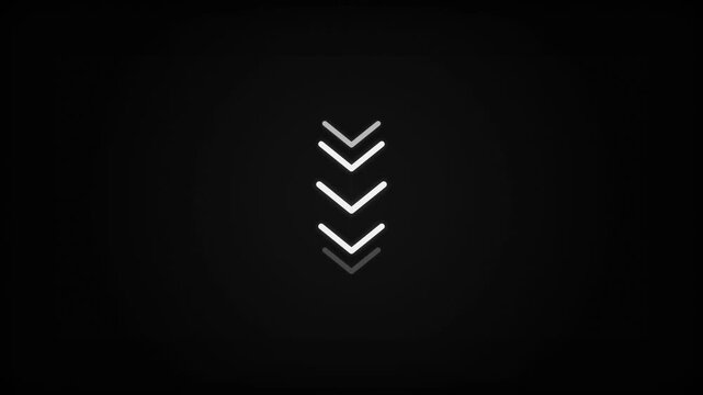 Sleek arrow symbol with glowing white downward chevrons on dark background, concept for website scroll direction, digital app navigation design and user interface element.