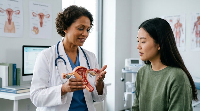 Doctor explains female reproductive system to patient using anatomical model in clinic