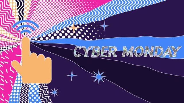 hand cursor tapping a screen with wifi signals, promoting Cyber Monday sales, vibrant digital loopable pop art animation