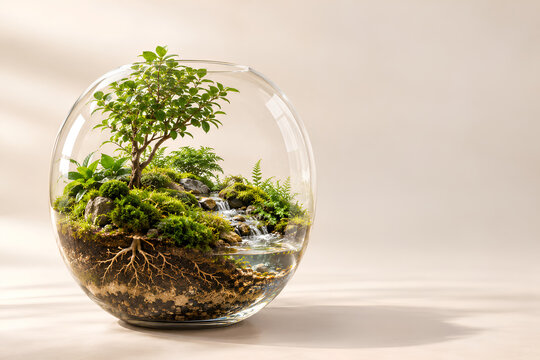 Self-contained miniature ecosystem in glass terrarium bowl showing tree, soil layers, roots, and tiny waterfall on neutral background with copy space.