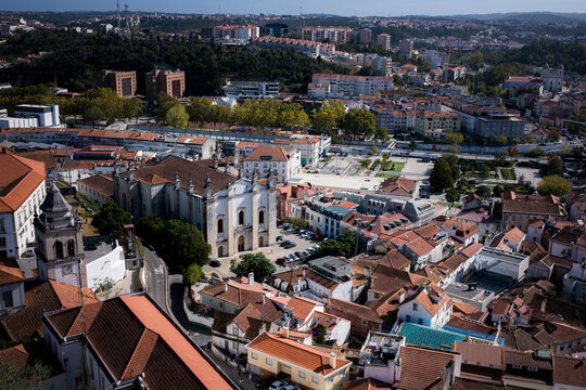 Panoramic elevated view of Leiria Portugal with historic rooftops churches city streets and surrounding neighborhoods