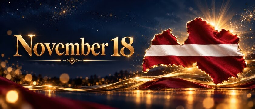 Latvia Independence Day November 18 Celebration with Golden Typography and Glowing Latvian Flag Map on Dark Blue Background