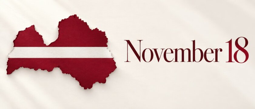 Latvia Independence Day November 18 Minimalist Greeting Banner with Latvian Flag Map Silhouette on Elegant White Background