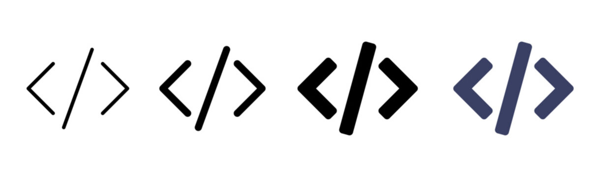 Code brackets icon set in outline, solid circle and square styles. Programming icons for developers, coding, web and mobile interfaces, software applications and source code editors. 