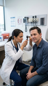 Doctor examining patients ear with otoscope in clinic exam room medical check up and diagnosis