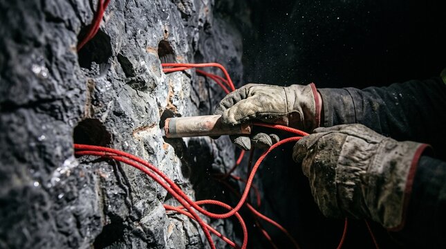 Miner preparing explosive charges in underground rock wall for controlled blasting operations.