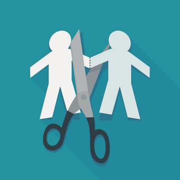 Flat design illustration of scissors cutting paper chain gay couple figures, symbolizing marriage breakup, divorce, conflict, and legal separation