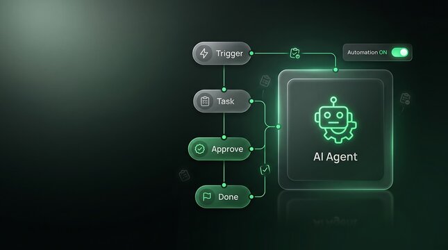AI Agent workflow diagram with trigger task approve done status on futuristic digital interface