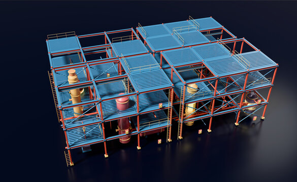Aerial 3D view of a modular refinery on dark ground