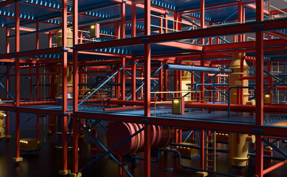 Inside a 3D refinery deck of pipes and vessels
