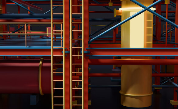 Yellow Ladder Beside a Golden 3D Process Vessel