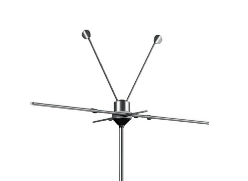 Metal television antenna with twin rods and horizontal signal elements