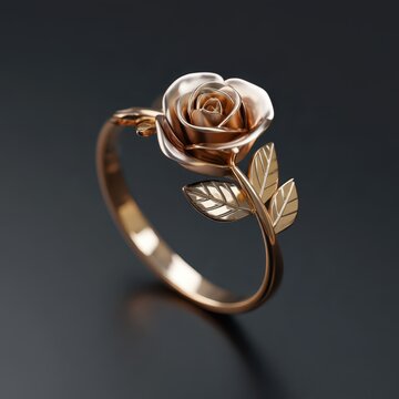 Metal Rose Design Ring Isolated on Grey Background Photo.