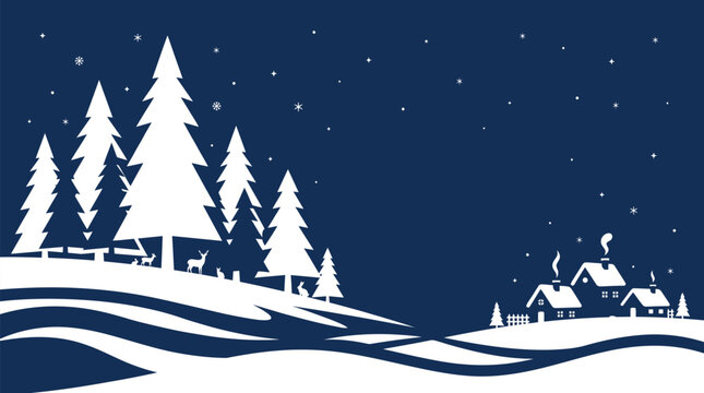 A beautiful blue christmas background vector featuring a snowy forest landscape with pine trees and small village houses illustration