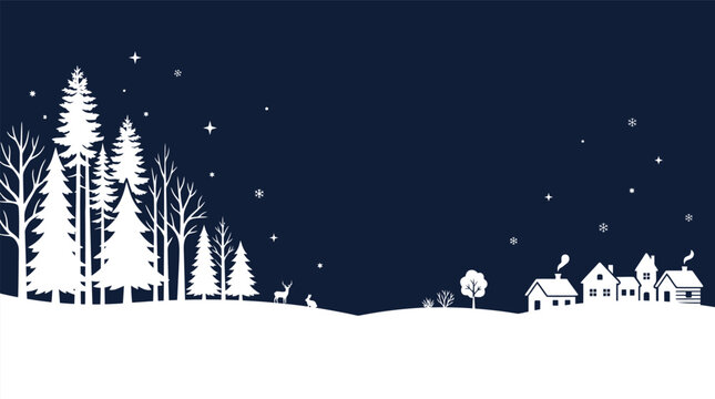 A beautiful blue and white christmas background vector featuring a winter forest landscape with a small village at night