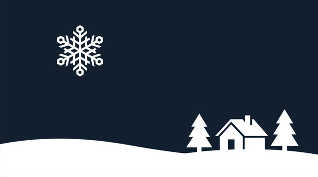Minimalist winter landscape featuring a house and pine trees under a large snowflake for your festive christmas background vector design
