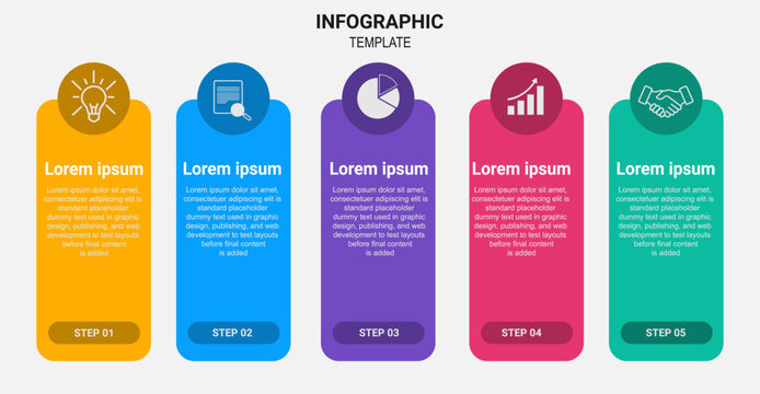 Five Step Business Process Infographic Template with White Outline Icons