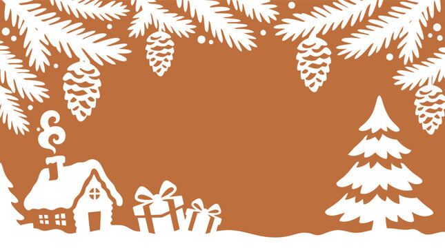 A festive christmas background vector featuring a snowy winter landscape with a cozy house pine trees and gift boxes