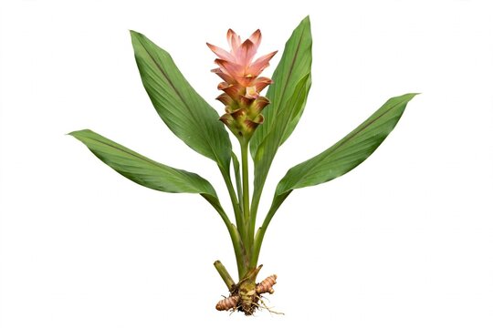 Turmeric plant with pink flower, green leaves and rhizome isolated on white background