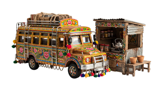 Ornate truck art bus model with roadside tea stall, traditional South Asian miniature transport, vibrant hand-painted folk art vehicle isolated PNG with Transparent Background