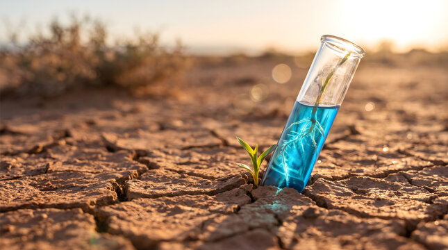 Green plant seedling with roots inside laboratory test tube planted in cracked dry arid soil