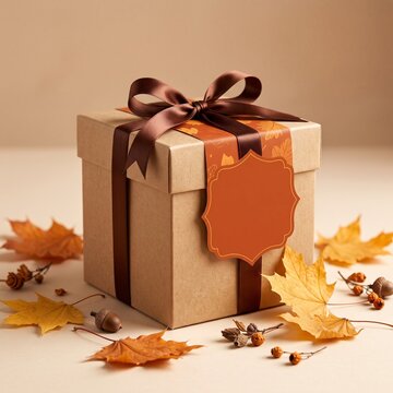 Gift box wrapped with a brown ribbon surrounded by autumn leaves  