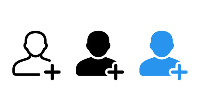 Set of three add user icons with person symbol and plus sign