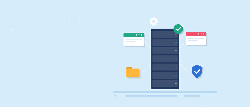 Server software installation banner with secure hosting, shared files and network apps around server rack, copy space for text