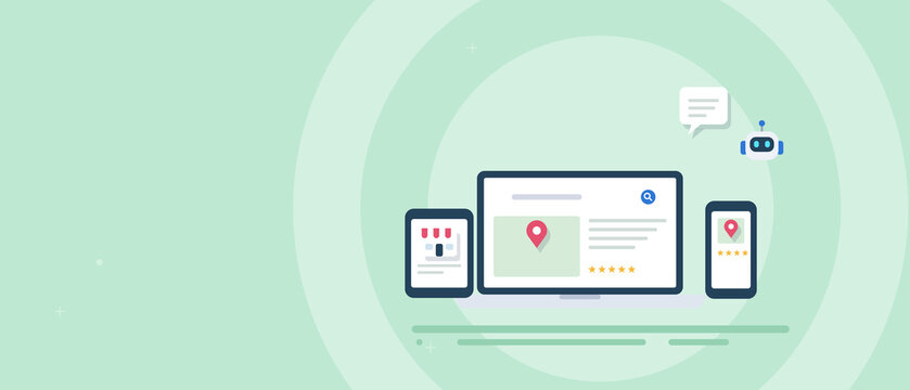 AI local search banner with business location map and customer ratings across laptop, tablet and smartphone, copy space for text