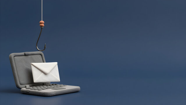 Fishing hook pulling an email out of a laptop phishing concept