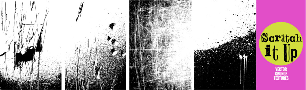 Set of four scratched grunge textures, scuffs, splatter and paint drips. Vector distressed overlay