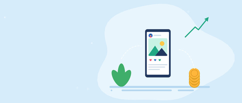 Organic vs paid social media reach banner with plant and coin stack growing post performance and promotion, copy space