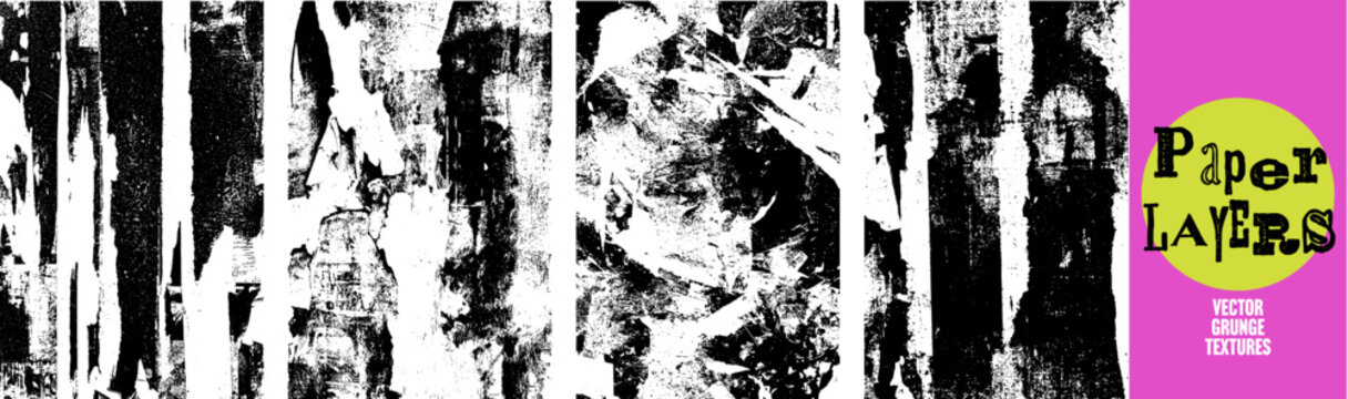Set of four torn paper grunge textures, peeling posters and layered scraps. Vector distressed overlay, street wall decay and rough collage effect
