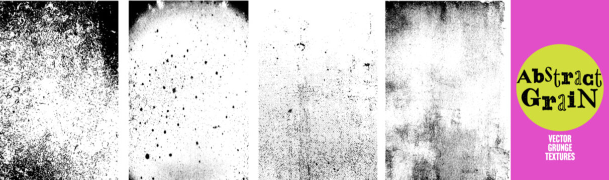 Set of four abstract grain textures, dust, noise and fine speckles. Vector grunge overlay
