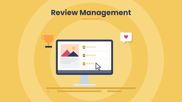 Online reputation management illustration with customer star ratings, reviews, feedback and trophy on business website