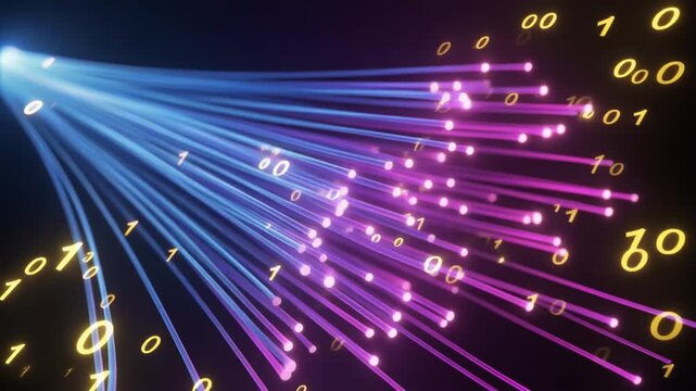 青とピンクとゴールドに輝く光ファイバーの線と舞い散る2進数データのクローズアップ