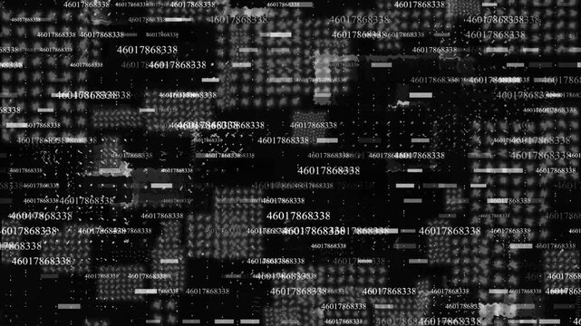 This abstract, futuristic-style animation features a flow of digital data, random decimal numbers, and programming symbols moving dynamically against a black background.