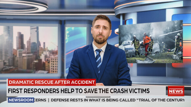 Male News Anchor Reports a Plane Crash Rescue From a Television as the News Screen Shows Firefighters and Paramedics Carrying a Victim on a Stretcher Beside the Smoking Wreckage.