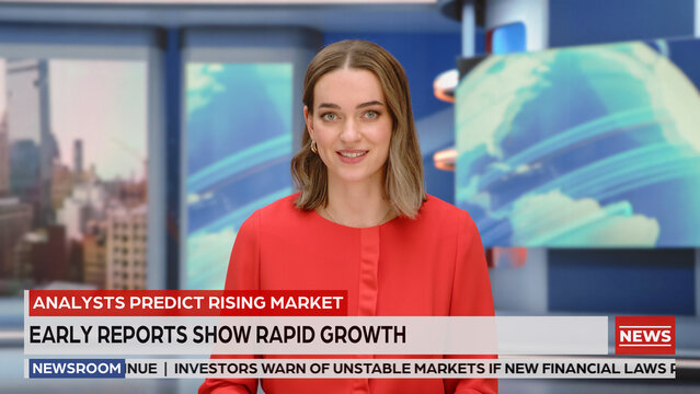 Portrait of a Female News Anchor Presenter Presenting a Business and Finance Report on Rising Markets and Rapid Economic Growth, With Chyron Headlines and Ticker on a Live Television Broadcast.