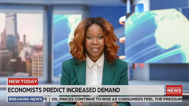 Portrait of a Black Female News Anchor Presenter Reporting an Economic Forecast on Rising Oil Prices and Increased Consumer Demand, Breaking News Headlines on a Live Television Broadcast.
