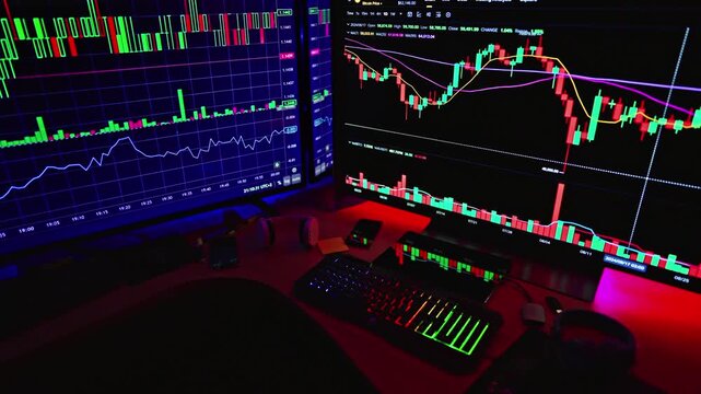 A modern workstation setup featuring multiple monitors that display real-time financial market price movements, stock charts, or cryptocurrency analysis.