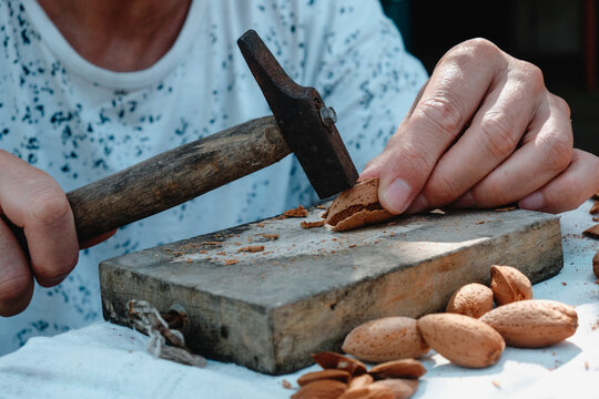 man cracking almonds with a hammer on wood