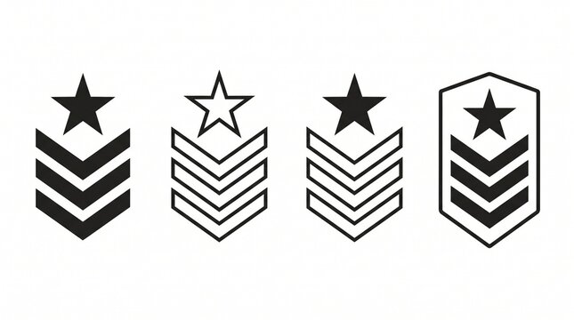 Minimalist military rank chevron badges with star icon set, white background, dark charcoal lines, flat 2D vector UI, no shading.