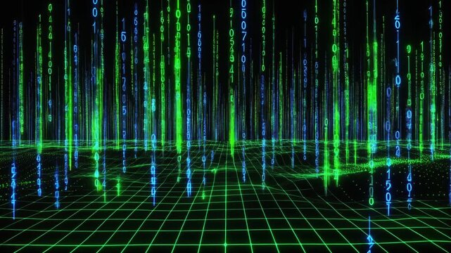 黒背景に浮かび上がる緑と青の光るデジタル数字データストリームと粒子波が織りなす圧倒的スケールの未来派サイバー空間テクノロジー背景