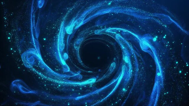 ターコイズブルーの無数の光粒子が巨大な渦を巻いて激しく循環しデータとエネルギーの暴風を感じさせる壮大なサイバー渦巻空間
