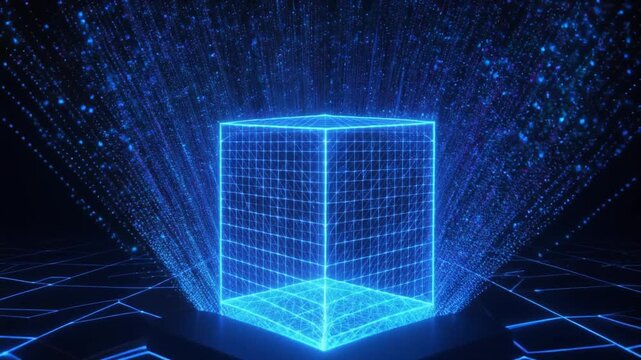 青く輝く輝光キューブと上部に舞い上がる粒子雲の幻想的なサイバー空間