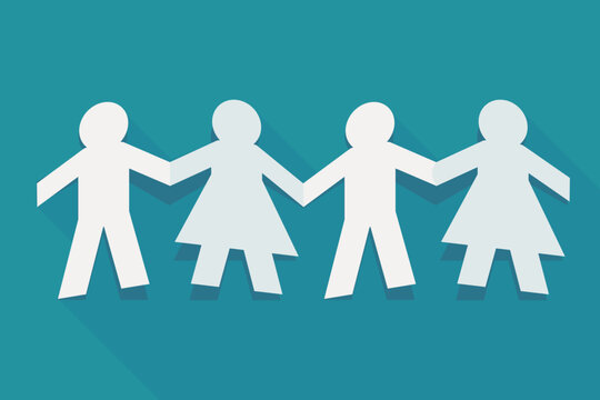 Flat design illustration of paper cut men and women figures holding hands in a chain, symbolizing gender equality, community unity, diversity, and solidarity