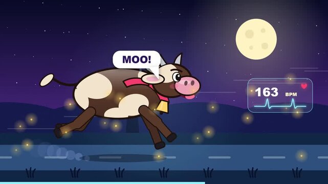 Animated Cow Running at Night with Heart Rate Monitor and Full Moon.