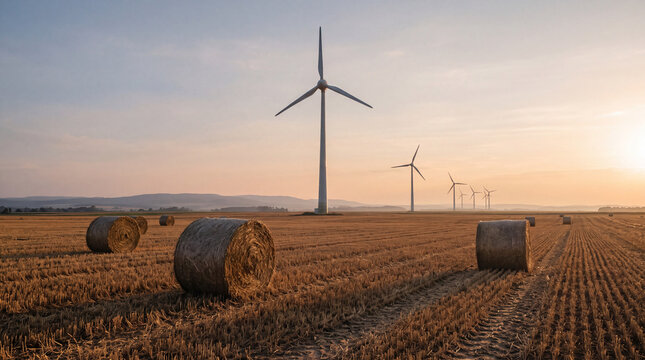 White wind turbines over harvested autumn stubble field with round hay bales in foreground at golden hour